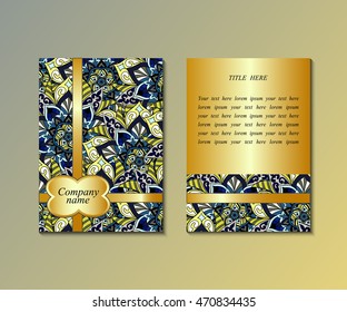 Flyer template with abstract ornament pattern. Greeting card design. Front page and back page. Vector.