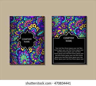 Flyer template with abstract ornament pattern. Greeting card design. Front page and back page. Vector.