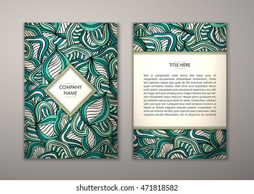 Flyer template with abstract ornament pattern. Vector greeting card design. Front page and back page.