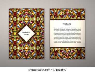 Flyer template with abstract ornament pattern. Vector greeting card design. Front page and back page.