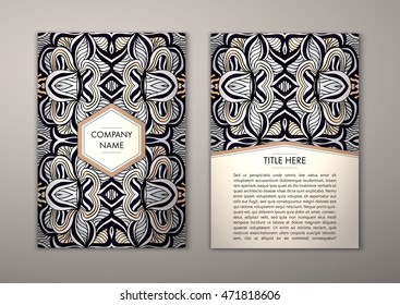 Flyer template with abstract ornament pattern. Vector greeting card design. Front page and back page.