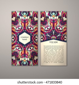 Flyer template with abstract ornament pattern. Vector greeting card design. Front page and back page.