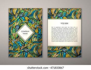 Flyer template with abstract ornament pattern. Vector greeting card design. Front page and back page.