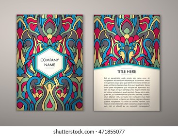 Flyer template with abstract ornament pattern. Vector greeting card design. Front page and back page.