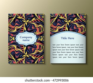 Flyer template with abstract ornament pattern. Greeting card design. Front page and back page. Vector.