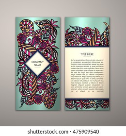 Flyer template with abstract ornament pattern. Vector greeting card design. Front page and back page.