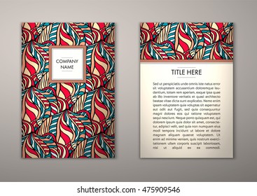 Flyer template with abstract ornament pattern. Vector greeting card design. Front page and back page.