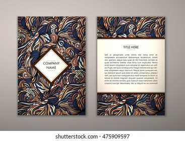 Flyer template with abstract ornament pattern. Vector greeting card design. Front page and back page.