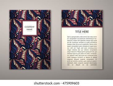Flyer template with abstract ornament pattern. Vector greeting card design. Front page and back page.