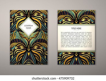 Flyer template with abstract ornament pattern. Vector greeting card design. Front page and back page.