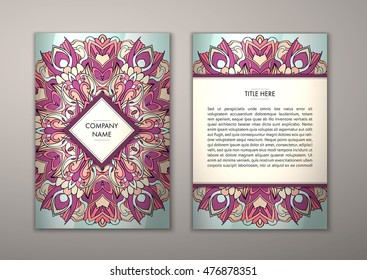 Flyer template with abstract ornament pattern. Vector greeting card design. Front page and back page.