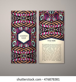 Flyer template with abstract ornament pattern. Vector greeting card design. Front page and back page.