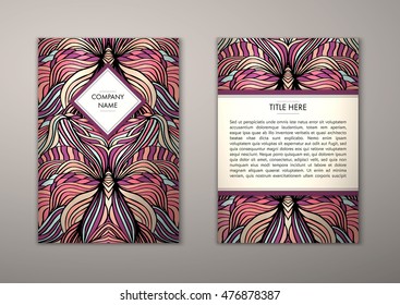 Flyer template with abstract ornament pattern. Vector greeting card design. Front page and back page.
