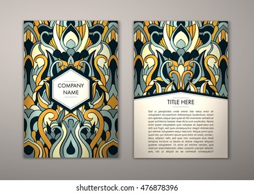 Flyer template with abstract ornament pattern. Vector greeting card design. Front page and back page.