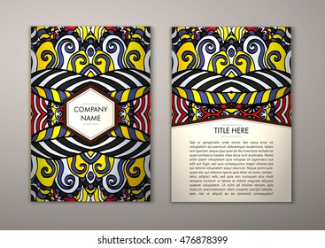 Flyer template with abstract ornament pattern. Vector greeting card design. Front page and back page.