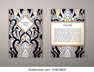 Flyer template with abstract ornament pattern. Vector greeting card design. Front page and back page.