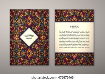 Flyer template with abstract ornament pattern. Vector greeting card design. Front page and back page.