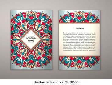 Flyer template with abstract ornament pattern. Vector greeting card design. Front page and back page.