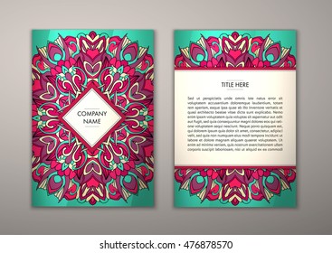 Flyer template with abstract ornament pattern. Vector greeting card design. Front page and back page.