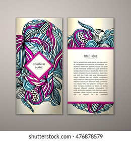 Flyer template with abstract ornament pattern. Vector greeting card design. Front page and back page.