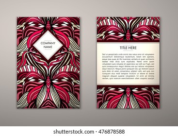 Flyer template with abstract ornament pattern. Vector greeting card design. Front page and back page.