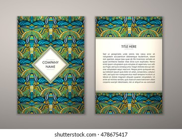 Flyer template with abstract ornament pattern. Vector greeting card design. Front page and back page.