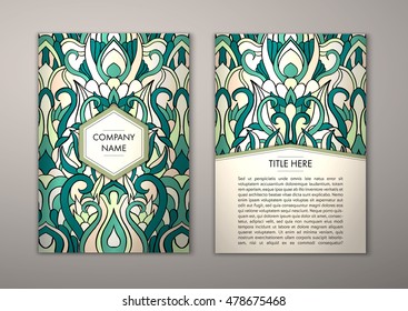 Flyer template with abstract ornament pattern. Vector greeting card design. Front page and back page.