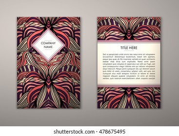 Flyer template with abstract ornament pattern. Vector greeting card design. Front page and back page.