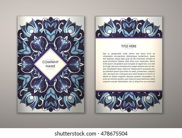 Flyer template with abstract ornament pattern. Vector greeting card design. Front page and back page.