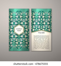 Flyer template with abstract ornament pattern. Vector greeting card design. Front page and back page.