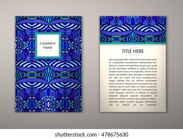 Flyer template with abstract ornament pattern. Vector greeting card design. Front page and back page.