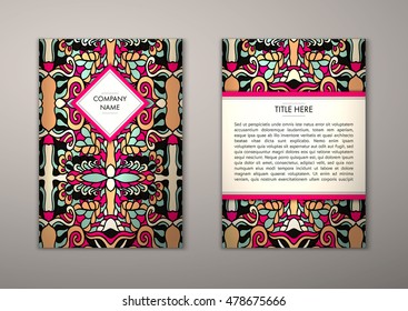 Flyer template with abstract ornament pattern. Vector greeting card design. Front page and back page.