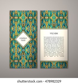 Flyer template with abstract ornament pattern. Vector greeting card design. Front page and back page.