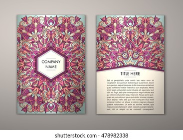 Plantilla de volante con patrón de adorno abstracto. Diseño de tarjeta de felicitación de Vector. Portada y contraportada.