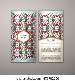 Flyer template with abstract ornament pattern. Vector greeting card design. Front page and back page.