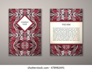 Flyer template with abstract ornament pattern. Vector greeting card design. Front page and back page.