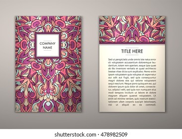 Flyer template with abstract ornament pattern. Vector greeting card design. Front page and back page.