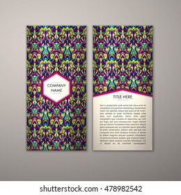 Flyer template with abstract ornament pattern. Vector greeting card design. Front page and back page.
