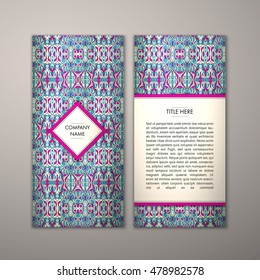 Flyer template with abstract ornament pattern. Vector greeting card design. Front page and back page.
