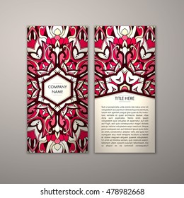 Flyer template with abstract ornament pattern. Vector greeting card design. Front page and back page.