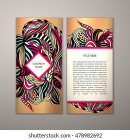 Flyer template with abstract ornament pattern. Vector greeting card design. Front page and back page.