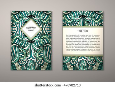 Flyer template with abstract ornament pattern. Vector greeting card design. Front page and back page.