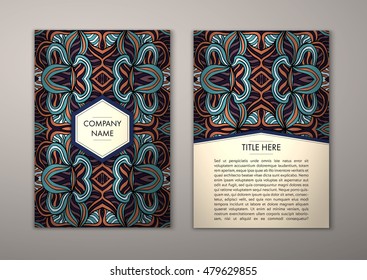Flyer template with abstract ornament pattern. Vector greeting card design. Front page and back page.