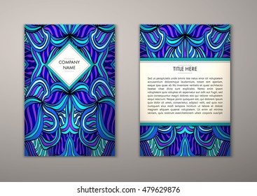 Flyer template with abstract ornament pattern. Vector greeting card design. Front page and back page.