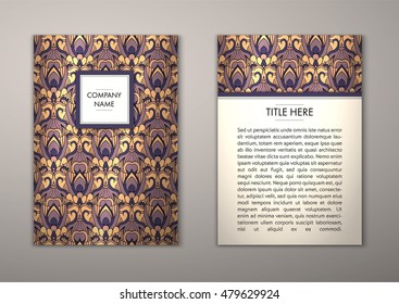 Flyer template with abstract ornament pattern. Vector greeting card design. Front page and back page.