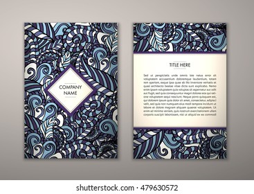 Flyer template with abstract ornament pattern. Vector greeting card design. Front page and back page.