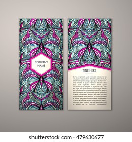 Flyer template with abstract ornament pattern. Vector greeting card design. Front page and back page.
