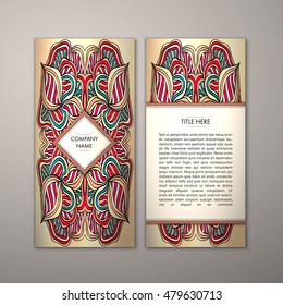Flyer template with abstract ornament pattern. Vector greeting card design. Front page and back page.