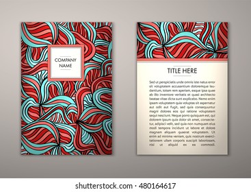 Flyer template with abstract ornament pattern. Vector greeting card design. Front page and back page.