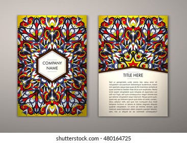 Flyer template with abstract ornament pattern. Vector greeting card design. Front page and back page.
